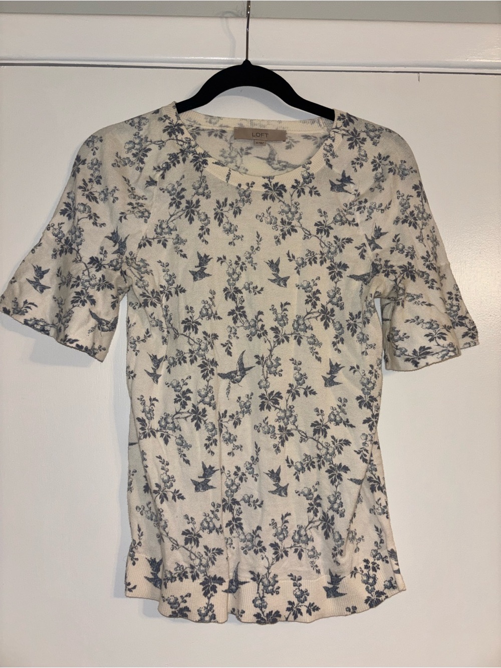 LOFT Cream Top with Blue Floral & Bird Print, Short Sleeve